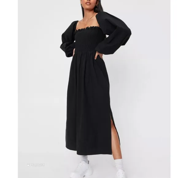 Nasty Gal Puff Sleeve Linen Look Midi Smock Dress 0