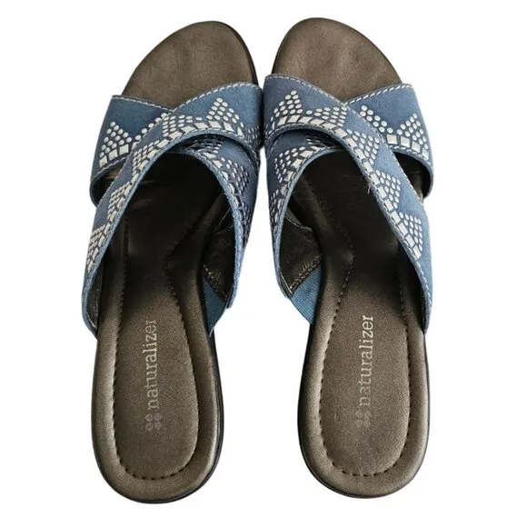 Naturalizer Bavaro Blue Jean Suede Heeled Sandals with Rhinestones | NIB | 6.5 M