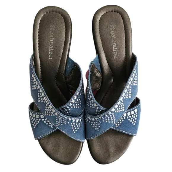 Naturalizer Bavaro Blue Jean Suede Heeled Sandals with Rhinestones | NIB | 6.5 M