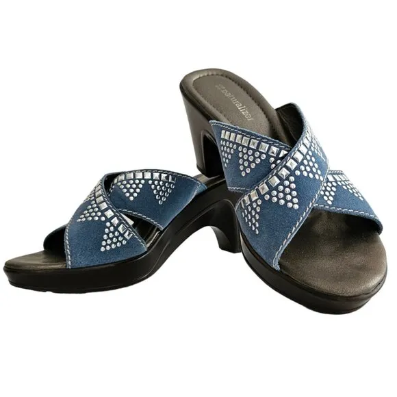 Naturalizer Bavaro Blue Jean Suede Heeled Sandals with Rhinestones | NIB | 6.5 M