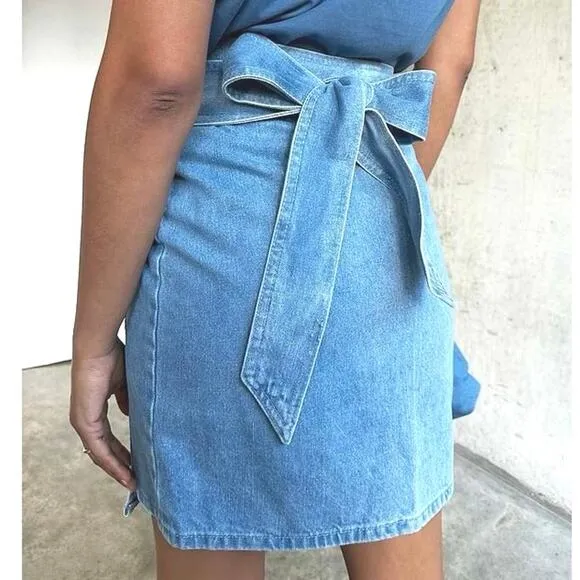 NEVER FULLY DRESSED Blue Denim Mini Jaspre Skirt Wrap Tie - Sz 4 - NWT