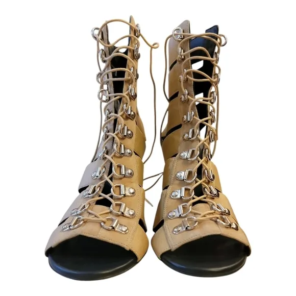 NEW $1195 BALMAIN Lindsay Lace-up Suede Heels Sandals in Beige size 38.5