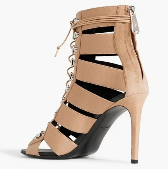 NEW $1195 BALMAIN Lindsay Lace-up Suede Heels Sandals in Beige size 38.5