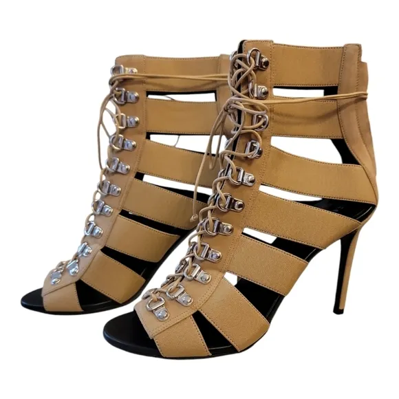 NEW $1195 BALMAIN Lindsay Lace-up Suede Heels Sandals in Beige size 38.5
