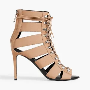 NEW $1195 BALMAIN Lindsay Lace-up Suede Heels Sandals in Beige size 38.5