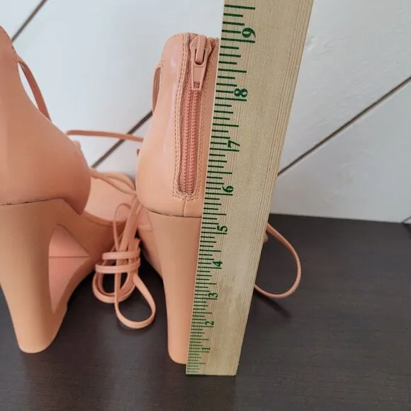 NEW AAJ By Aminah Nina Lace-Up Architectural Wedge Peach orange 10 Heel Sandals