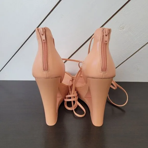 NEW AAJ By Aminah Nina Lace-Up Architectural Wedge Peach orange 10 Heel Sandals