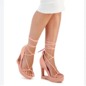 NEW AAJ By Aminah Nina Lace-Up Architectural Wedge Peach orange 10 Heel Sandals