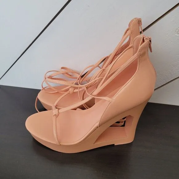 NEW AAJ By Aminah Nina Lace-Up Architectural Wedge Peach orange 10 Heel Sandals