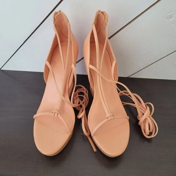 NEW AAJ By Aminah Nina Lace-Up Architectural Wedge Peach orange 10 Heel Sandals