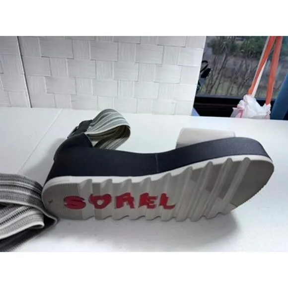 NEW! &quot;SOREL&quot; Cameron Flatform Ankle Strap Sandals, Open Toe, Black, Small Scuff