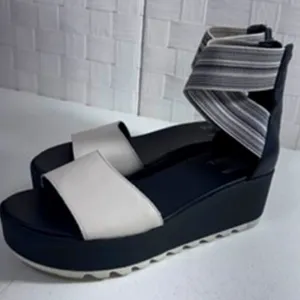 NEW! &quot;SOREL&quot; Cameron Flatform Ankle Strap Sandals, Open Toe, Black, Small Scuff