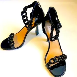 New ANTONIO MELANI Corolitta Black Chain Strap Patent Stiletto Sandal 6 &amp; 9.5