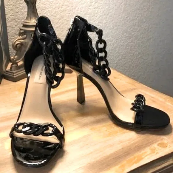 New ANTONIO MELANI Corolitta Black Chain Strap Patent Stiletto Sandal 6 &amp; 9.5