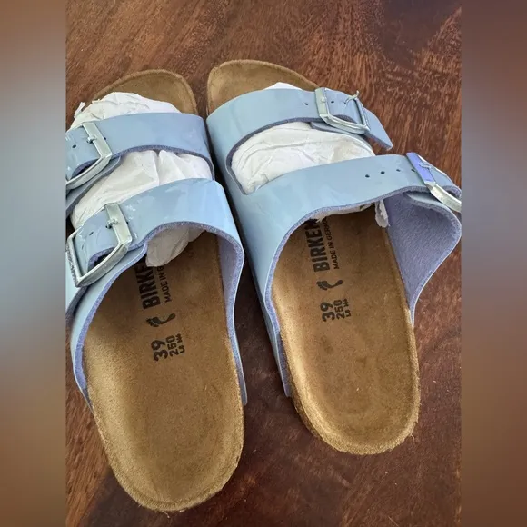 NEW BIRKENSTOCK ARIZONA SANDALS BLUE PATENT 39