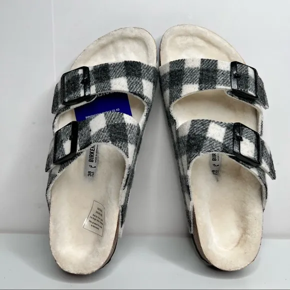 NEW BIRKENSTOCK Arizona Shearling Wool Plaid White Size 38 EU 7 - 7.5 US