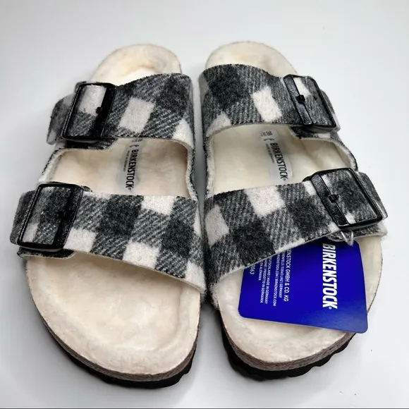 NEW BIRKENSTOCK Arizona Shearling Wool Plaid White Size 38 EU 7 - 7.5 US