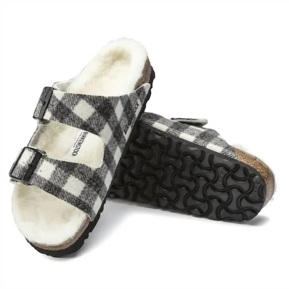 NEW BIRKENSTOCK men's arizona wool shearling sandal in plaid white/natural