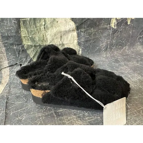 New Birkenstock Papillio Arizona Teddy Shearling Fur Platform Sandals Black EU37