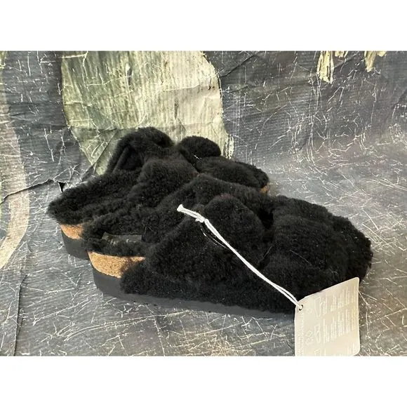 New Birkenstock Papillio Arizona Teddy Shearling Fur Platform Sandals Black EU37