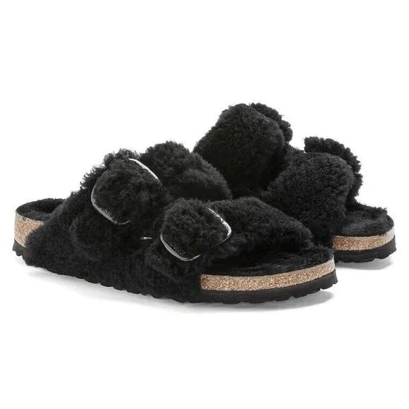 New Birkenstock Papillio Arizona Teddy Shearling Fur Platform Sandals Black EU37