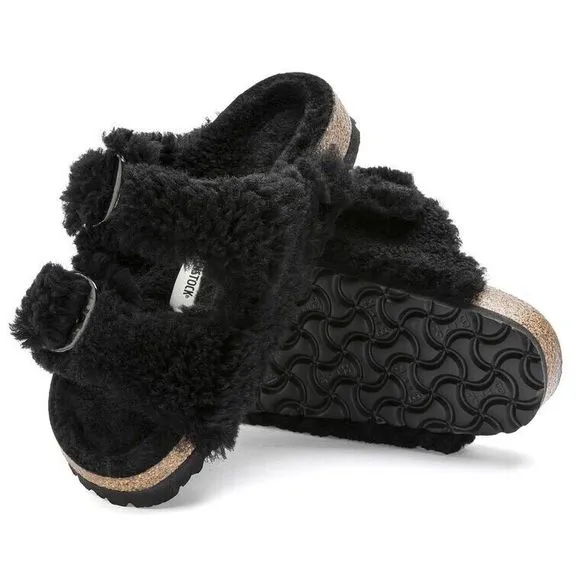 New Birkenstock Papillio Arizona Teddy Shearling Fur Platform Sandals Black EU37