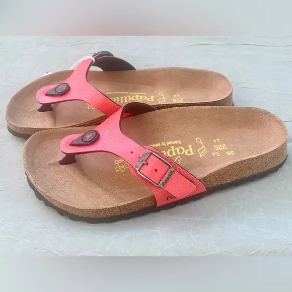NEW Birkenstock Papillio Gizeh Turin Coral Orange Leather Thong Toe Sandal EU 35