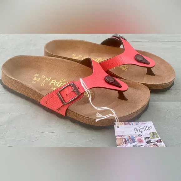 NEW Birkenstock Papillio Gizeh Turin Coral Orange Leather Thong Toe Sandal EU 35