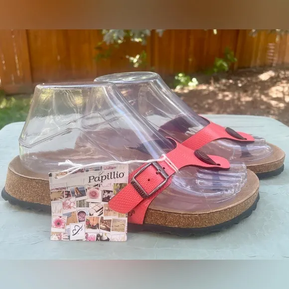 NEW Birkenstock Papillio Gizeh Turin Coral Orange Leather Thong Toe Sandal EU 35