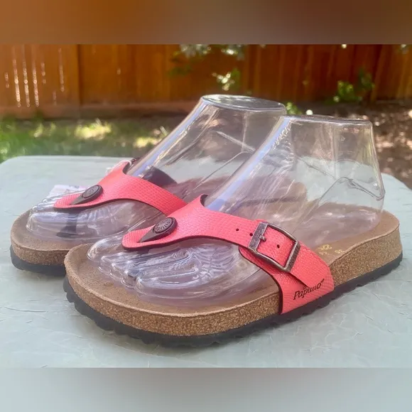 NEW Birkenstock Papillio Gizeh Turin Coral Orange Leather Thong Toe Sandal EU 35