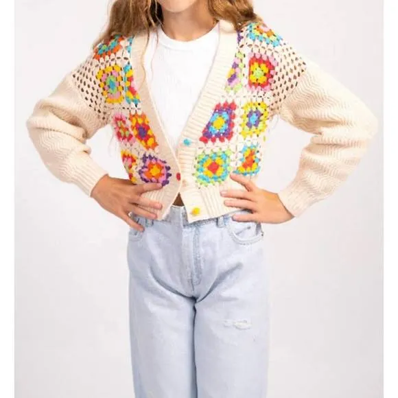 NEW CENTRAL PARK WEST girls crochet patchwork cardigan in multi
