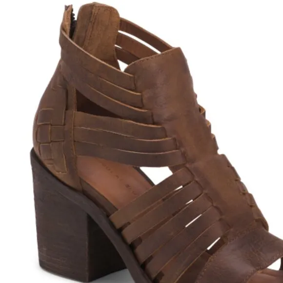 NEW CHOCOLAT BLU Made In Brazil Leather Felice Heeled Cage Sandals Brown 123mn