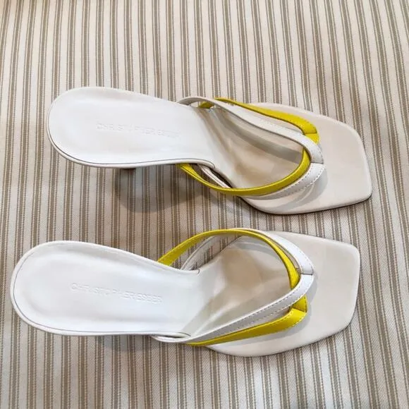 NEW Christopher Esber Strappy Leather Thong Sandal Heels Cream and Yellow Sz 37
