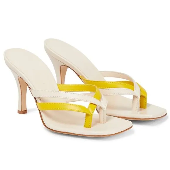 NEW Christopher Esber Strappy Leather Thong Sandal Heels Cream and Yellow Sz 37