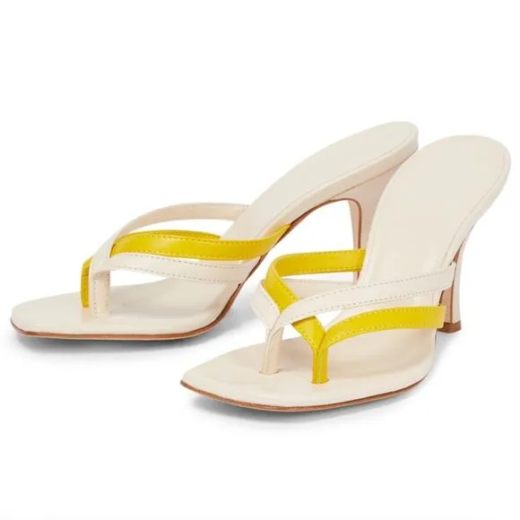 NEW Christopher Esber Strappy Leather Thong Sandal Heels Cream and Yellow Sz 37