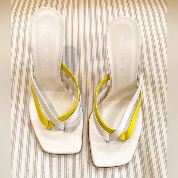 NEW Christopher Esber Strappy Leather Thong Sandal Heels Cream and Yellow Sz 37