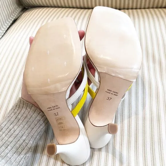 NEW Christopher Esber Strappy Leather Thong Sandal Heels Cream and Yellow Sz 37