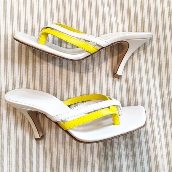 NEW Christopher Esber Strappy Leather Thong Sandal Heels Cream and Yellow Sz 37