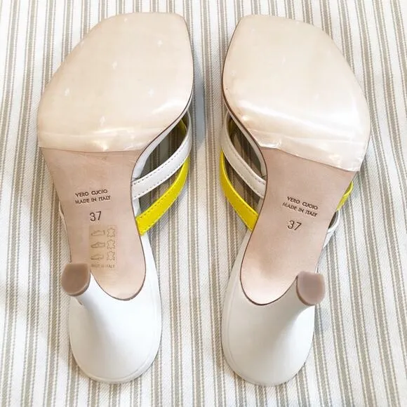 NEW Christopher Esber Strappy Leather Thong Sandal Heels Cream and Yellow Sz 37