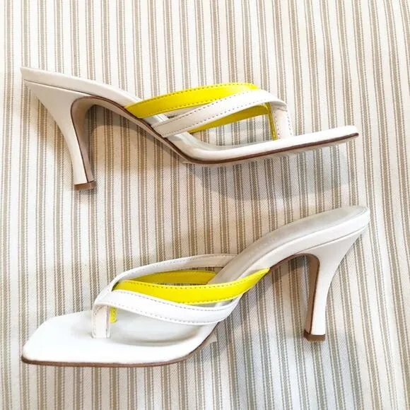 NEW Christopher Esber Strappy Leather Thong Sandal Heels Cream and Yellow Sz 37