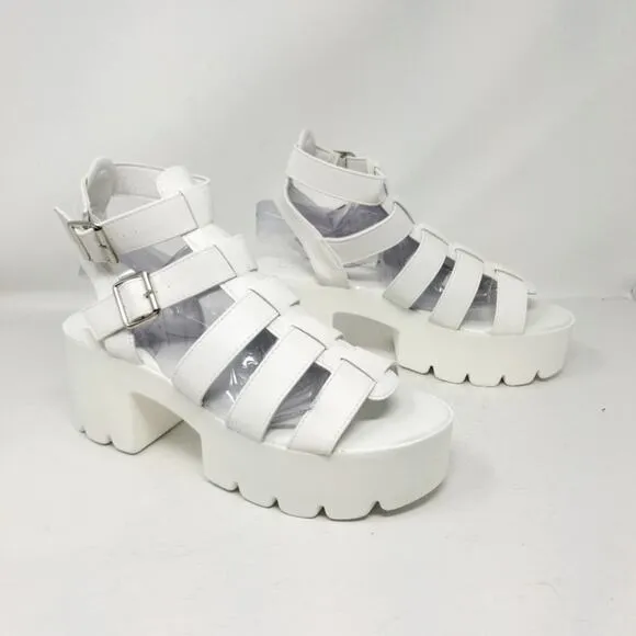 New Chunky White Platform Sandals Gothic Cleated Faux Leather Size 10