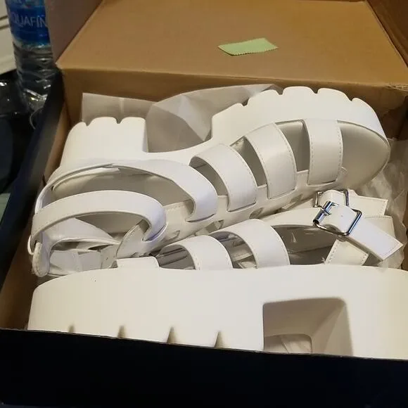 New Chunky White Platform Sandals Gothic Cleated Faux Leather Size 10