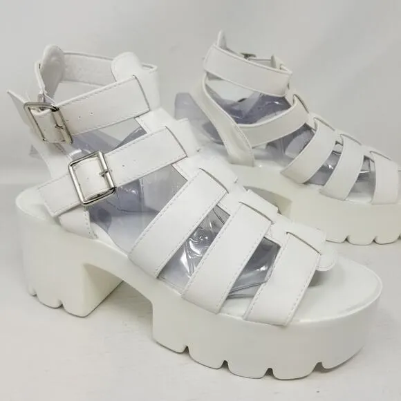 New Chunky White Platform Sandals Gothic Cleated Faux Leather Size 10