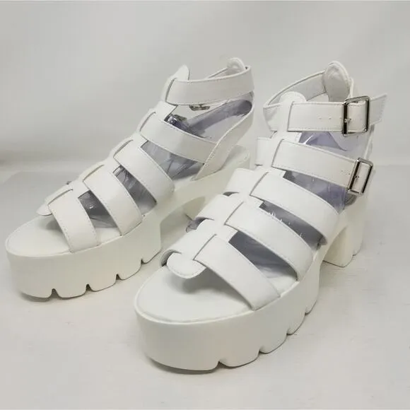 New Chunky White Platform Sandals Gothic Cleated Faux Leather Size 10