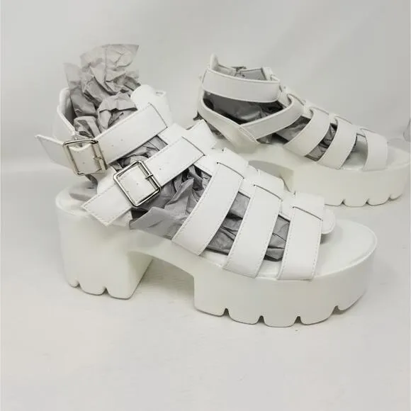 New Chunky White Platform Sandals Gothic Cleated Faux Leather Size 10