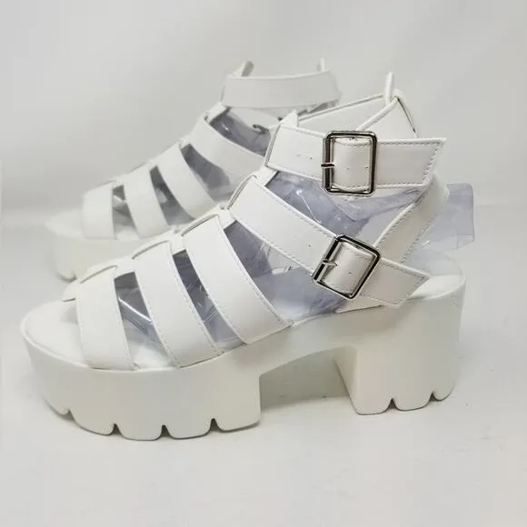 New Chunky White Platform Sandals Gothic Cleated Faux Leather Size 10
