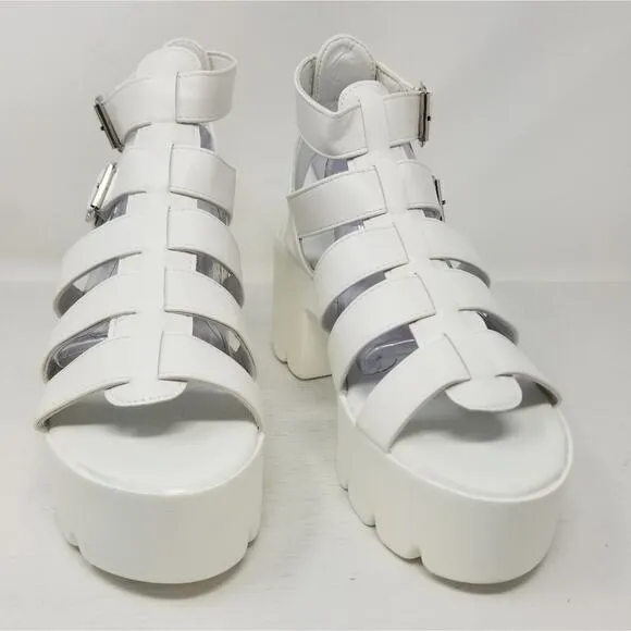 New Chunky White Platform Sandals Gothic Cleated Faux Leather Size 10