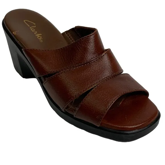 New Clarks Womens Whiskey Brown 3” Slide Block Heels Sandals 33648 Size: 7.5