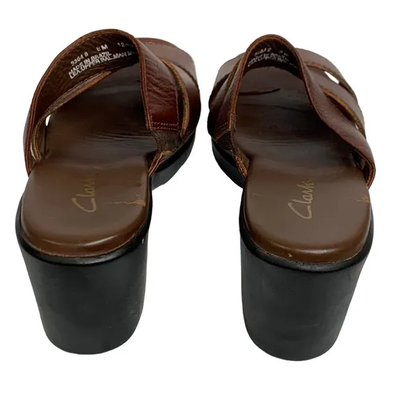 New Clarks Womens Whiskey Brown 3” Slide Block Heels Sandals 33648 Size: 7.5