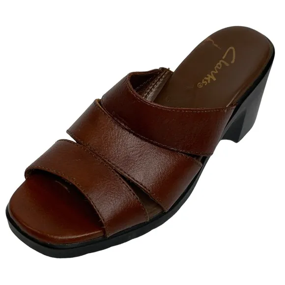 New Clarks Womens Whiskey Brown 3” Slide Block Heels Sandals 33648 Size: 7.5